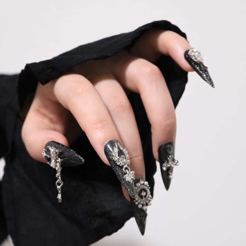 NumberSea - Custom Black Gothic Nails Cross Fake Nails Press on Nails Punk Nails ,Black Luxury nails - handmade goth Y2K nails - Noble woman nails gift