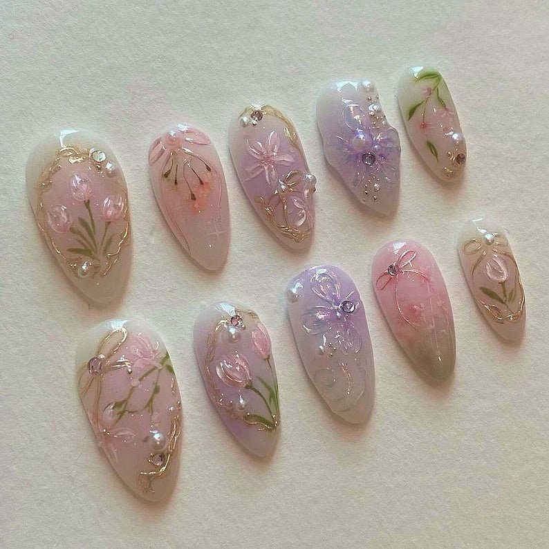 NumberSea - Wedding nails ,Flower Nails hand painted nail,custom press on nails,3D Nails,Tulips Nails,Acrylic Nails ,Fake nails,Nail Art,Floral Nails