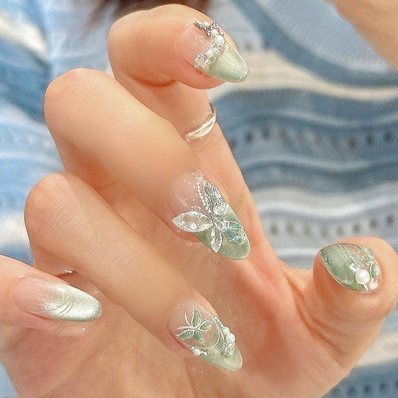 NumberSea - Handmade Mambo Mint Green Glitter Cat Eye Ombre Clear Green 3D Butterfly Press On Nails Elegant Luxury Forest Bride Wedding Spring Summer