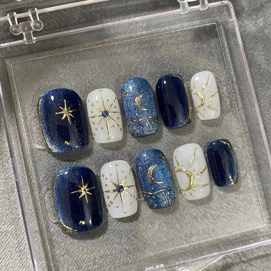 NumberSea - Night star sea blue cat eye nails, star and moon manicure, white blue hand painted nails, gentle fairy nails, delicate nails, prom nails