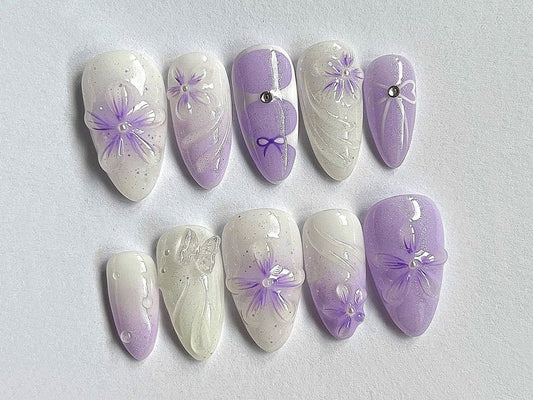 NumberSea - Lavender Floral Press On Nails | Purple Ombre Nail Set | Dreamy Hand - painted 3D Flower Fairycore Nail Art | Perfect for Weddings | JC401A