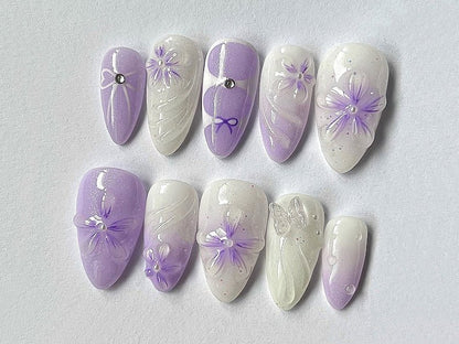 NumberSea - Lavender Floral Press On Nails | Purple Ombre Nail Set | Dreamy Hand - painted 3D Flower Fairycore Nail Art | Perfect for Weddings | JC401A