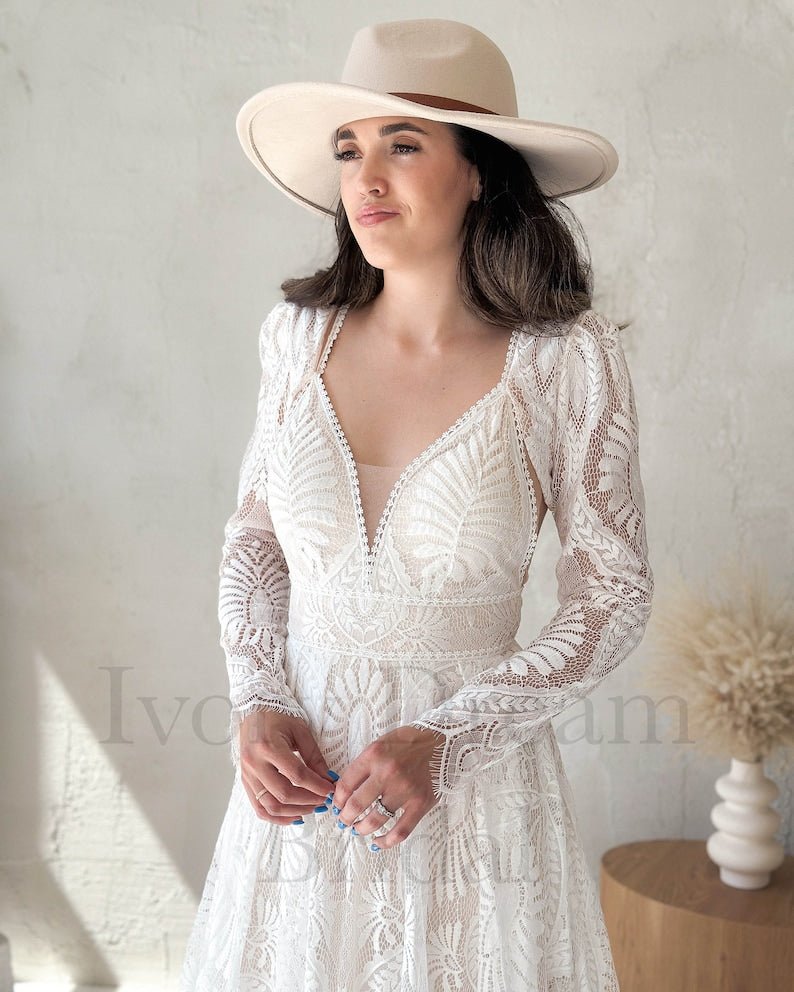 NumberSea - NumberSea Long lace removable sleeves wedding dress, A - line wedding dress, Boho wedding dress, Western wedding dress, Bohemian bridal gown