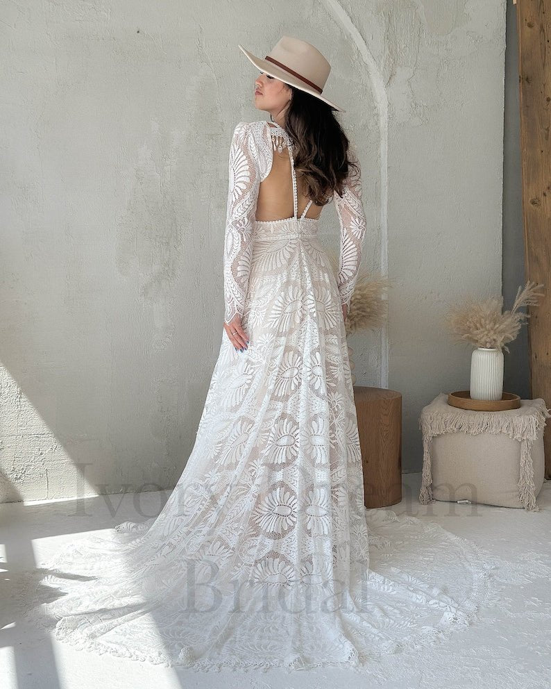 NumberSea - NumberSea Long lace removable sleeves wedding dress, A - line wedding dress, Boho wedding dress, Western wedding dress, Bohemian bridal gown