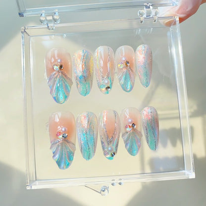 NumberSea - Mermaid Aura Blue Press on nails short almond nails/Shell nails/3D Chrome nails/Gel Nails/Aura Nails/Water Ripples nails/Summer Nails