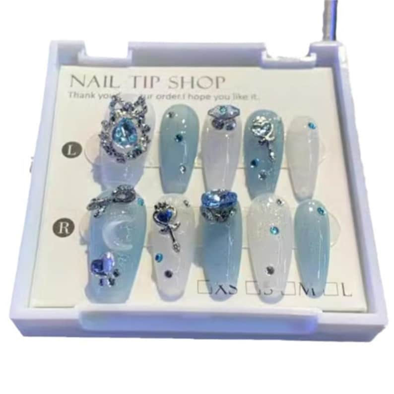 NumberSea - Handmade Wearable Nails, Nail Art Tips, Viral, Blue Elegant, Fairy Wand, Trapezoid Shape, Chinese Style, Finished Nails, Trendy, Popular,