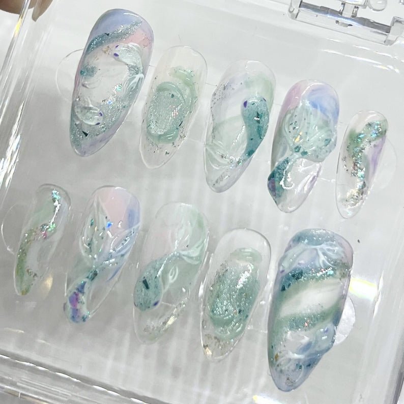 NumberSea - freehand 3d koi fish mermaid glitter medium almond handmade custom press on nails design jelly watercolor hainpainted swirl sculpted seafoam