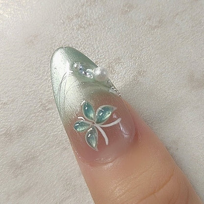 NumberSea - Handmade Mambo Mint Green Glitter Cat Eye Ombre Clear Green 3D Butterfly Press On Nails Elegant Luxury Forest Bride Wedding Spring Summer