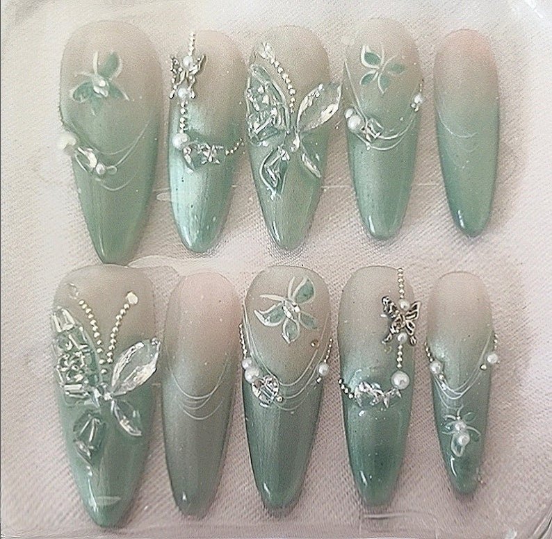 NumberSea - Handmade Mambo Mint Green Glitter Cat Eye Ombre Clear Green 3D Butterfly Press On Nails Elegant Luxury Forest Bride Wedding Spring Summer