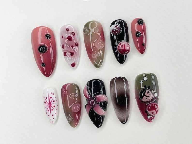 NumberSea - 3D Insect Garden Press On Nails | Custom Jelly Flower Handmade LadyBug Press - Ons | Acrylic Gel Nail Art | Hand - painted Fake Nails | JC427AG