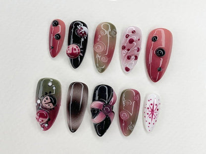 NumberSea - 3D Insect Garden Press On Nails | Custom Jelly Flower Handmade LadyBug Press - Ons | Acrylic Gel Nail Art | Hand - painted Fake Nails | JC427AG