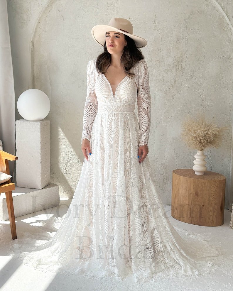 NumberSea - NumberSea Long lace removable sleeves wedding dress, A - line wedding dress, Boho wedding dress, Western wedding dress, Bohemian bridal gown