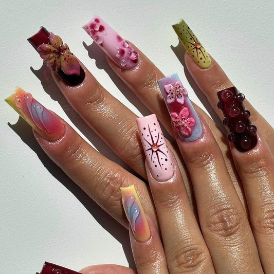 NumberSea - Colorful 3D Flowers Press - On Nails | Artistic Nail Art | Long - Lasting Vibrant Acrylic Nails | Custom 3D Flower Fake Nails | Unique | WB70Y