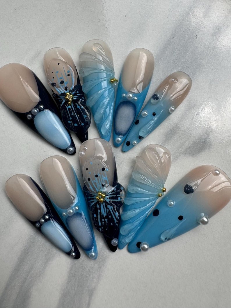 NumberSea - Upgraded Security Hold Handmade Press On Nails | Light Blue Floral Accent Nails | Long Stiletto Elegant Nail Art Set | Long - Lasting/Reusable