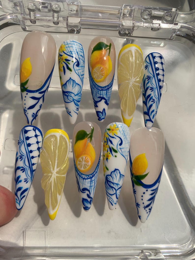 NumberSea - Upgraded Security Hold Handmade|Long Stiletto Lemon and Chinoiserie Press On Nails | Yellow Lemon and Blue Nail Art | Long - Lasting/Reusable