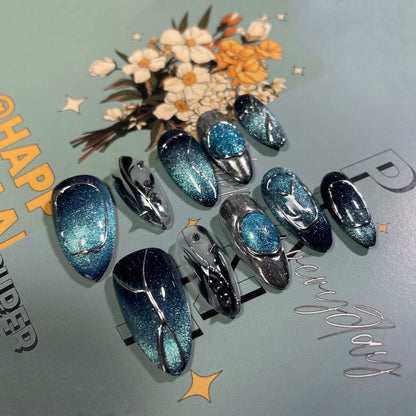 NumberSea - Blue Galaxy, Handmade Nail Art, Press - On Nails, Blue Glitter Cat's Eye Silver Hand - Painted Fine Lines, The Vast Milky Way, Almond Nails