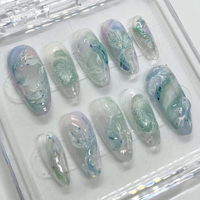 NumberSea - freehand 3d koi fish mermaid glitter medium almond handmade custom press on nails design jelly watercolor hainpainted swirl sculpted seafoam