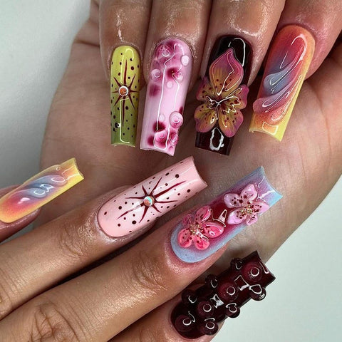 NumberSea - Colorful 3D Flowers Press - On Nails | Artistic Nail Art | Long - Lasting Vibrant Acrylic Nails | Custom 3D Flower Fake Nails | Unique | WB70Y