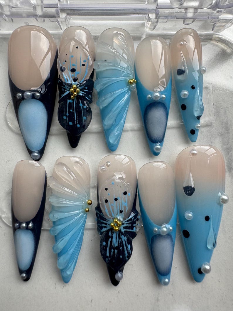 NumberSea - Upgraded Security Hold Handmade Press On Nails | Light Blue Floral Accent Nails | Long Stiletto Elegant Nail Art Set | Long - Lasting/Reusable