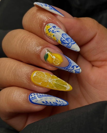 NumberSea - Upgraded Security Hold Handmade|Long Stiletto Lemon and Chinoiserie Press On Nails | Yellow Lemon and Blue Nail Art | Long - Lasting/Reusable