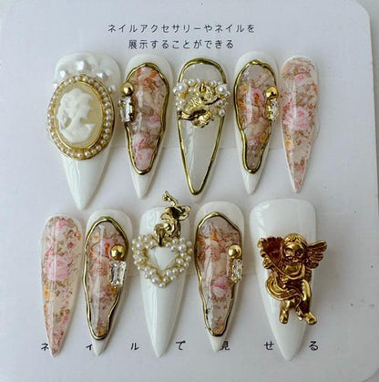 NumberSea - Vintage Flowers With Golden Angels Charms and White Pearls Press On Nails, Luxury Gothic Press On Nails, Handmade Gel Nails