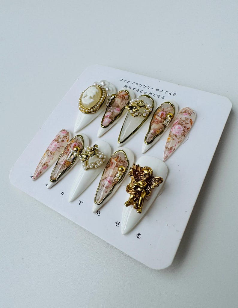 NumberSea - Vintage Flowers With Golden Angels Charms and White Pearls Press On Nails, Luxury Gothic Press On Nails, Handmade Gel Nails