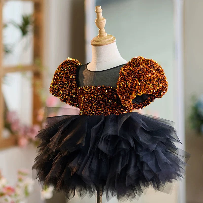 Gold Sequin Black 1st Birthday Baby Girl Dress