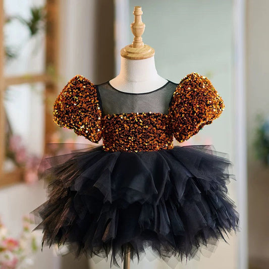 Gold Sequin Black 1st Birthday Baby Girl Dress