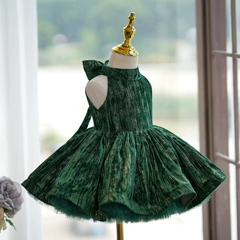 Velvet Knee-length Green Birthday Holiday Baby Girl Dress