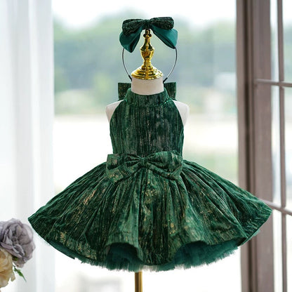 Velvet Knee-length Green Birthday Holiday Baby Girl Dress