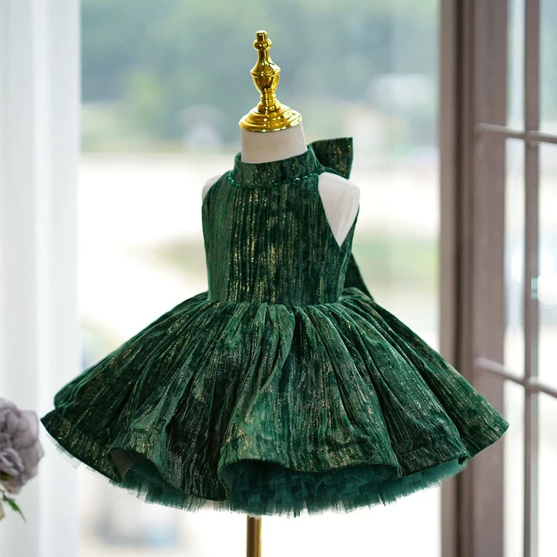 Velvet Knee-length Green Birthday Holiday Baby Girl Dress