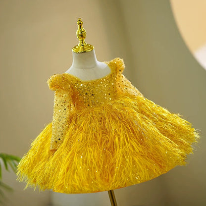 Yellow Sequin Long Sleeves Knee-length Baby Girl Dress