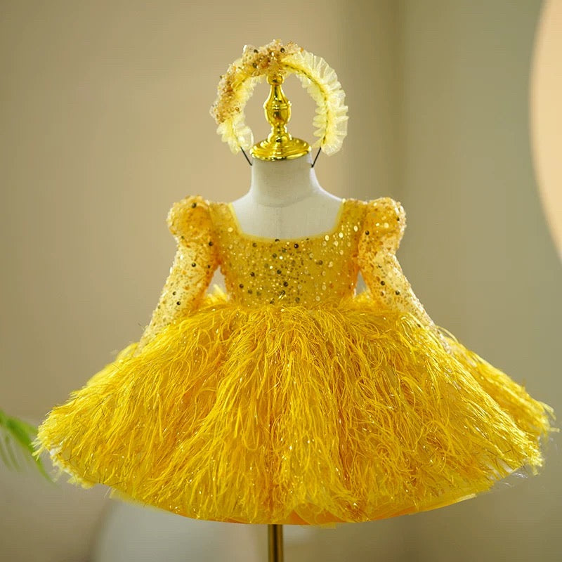 Yellow Sequin Long Sleeves Knee-length Baby Girl Dress