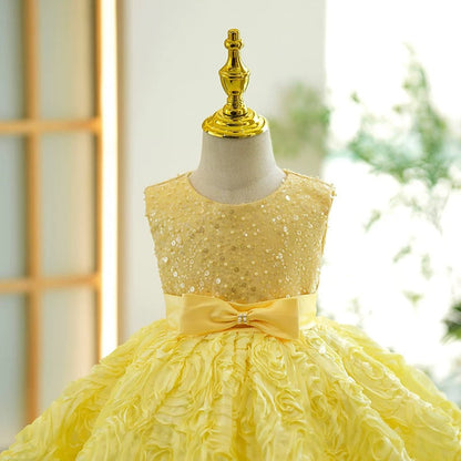 Yellow Sequin Sleeves Less Knee-length Baby Girl Dress