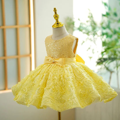 Yellow Sequin Sleeves Less Knee-length Baby Girl Dress