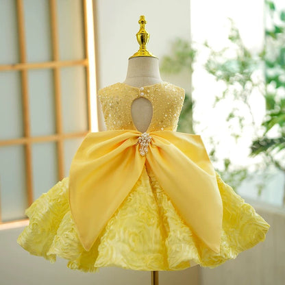 Yellow Sequin Sleeves Less Knee-length Baby Girl Dress