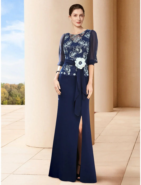 Sheath / Column Mother of the Bride Dress Wedding Guest Elegant Jewel Neck Floor Length Stretch Chiffon Half Sleeve with Split Front Ruching Flower