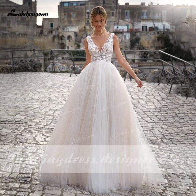 NumberSea Summer Beach A-Line Princess Wedding Dresses V Neckline