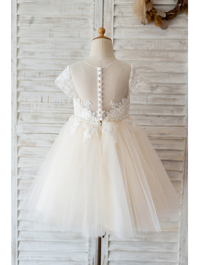 Ivory Ball Gown Tulle Jewel Neck Wedding Birthday Flower Girl Dresses