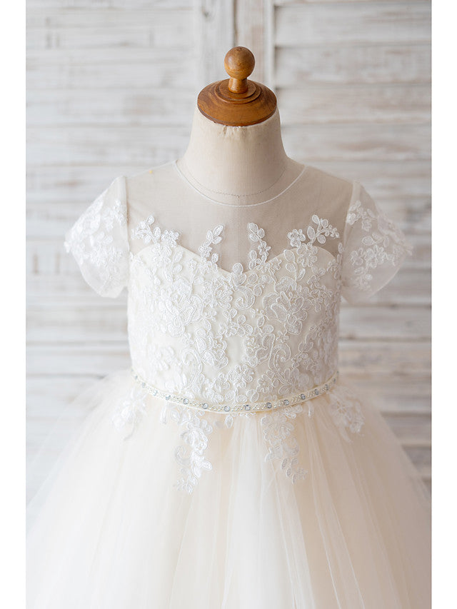 Ivory Ball Gown Tulle Jewel Neck Wedding Birthday Flower Girl Dresses