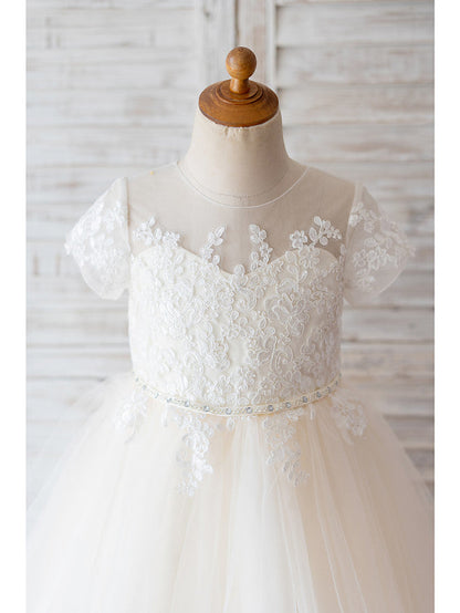 Ivory Ball Gown Tulle Jewel Neck Wedding Birthday Flower Girl Dresses