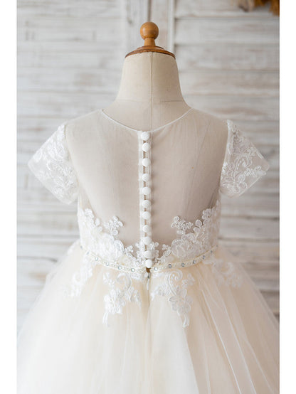 Ivory Ball Gown Tulle Jewel Neck Wedding Birthday Flower Girl Dresses