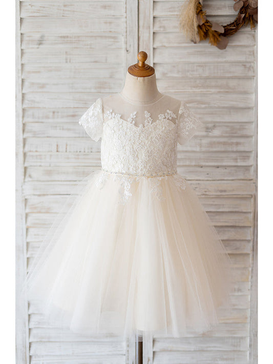 Ivory Ball Gown Tulle Jewel Neck Wedding Birthday Flower Girl Dresses