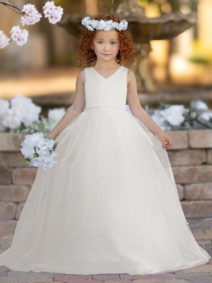 Elegant Princess Ball Gown Satin & Tulle Flower Girl Dress