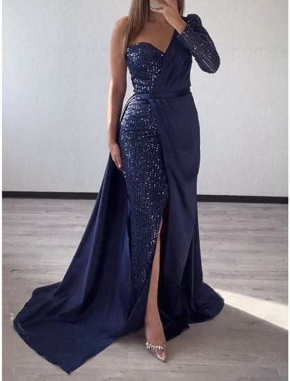 Sheath / Column Evening Gown Party Dress Formal Sweep / Brush Train Long Sleeve One Shoulder Sequined with Glitter Slit