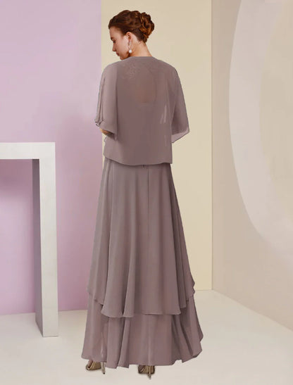 Zweiteiliges A-Linien-Kleid für die Mutter der Braut, formeller Hochzeitsgast, eleganter quadratischer Ausschnitt, asymmetrische Wadenlänge, Chiffonspitze, 3/4-Ärmel, Wickelärmel inklusive, mit gerüschtem Stufen-Applikationen