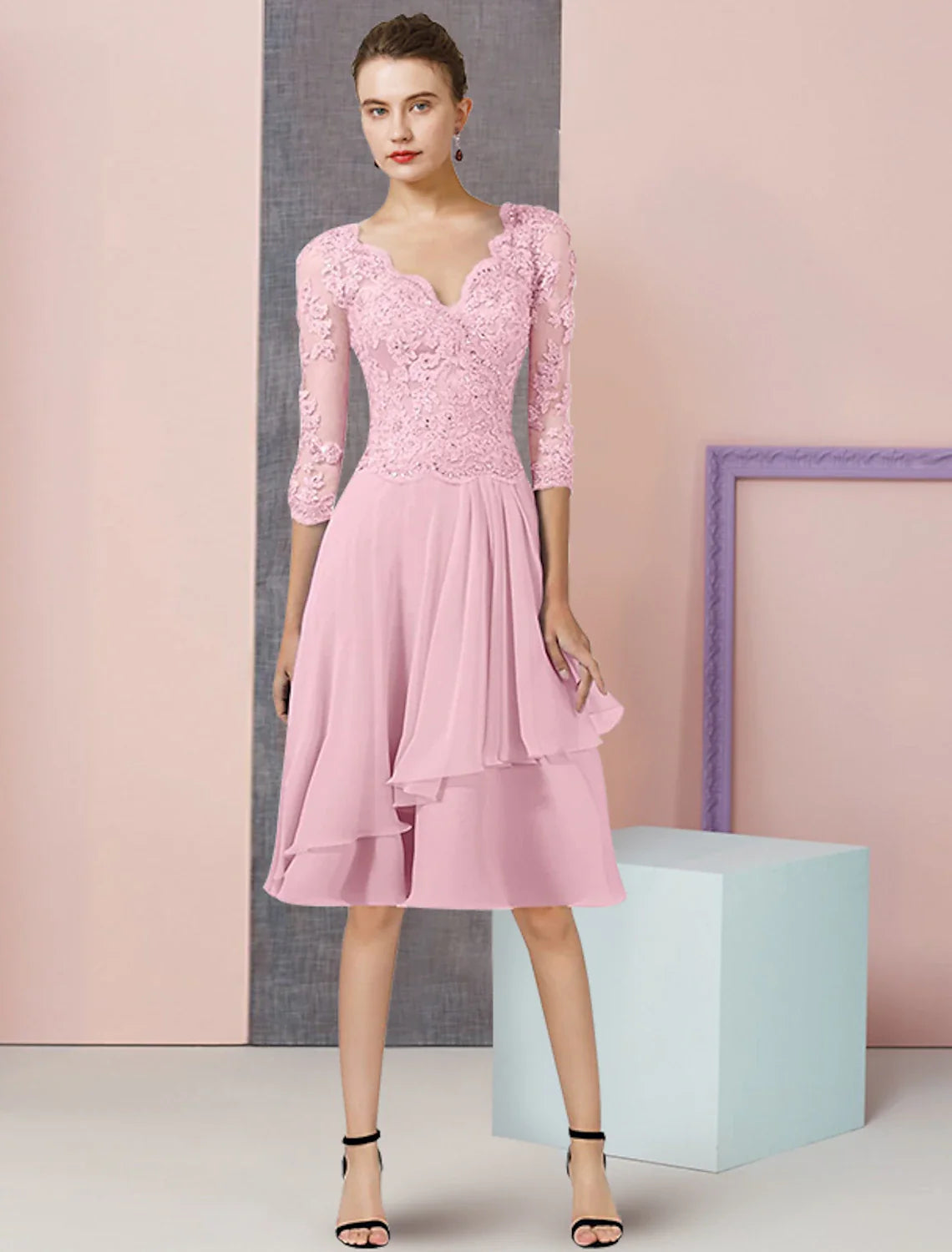 Two Piece A-Line Mother of the Bride Dress Formal Wedding Guest Elegant V Neck Knee Length Chiffon Lace 3/4 Length Sleeve Wrap Included with Beading Sequin Appliques