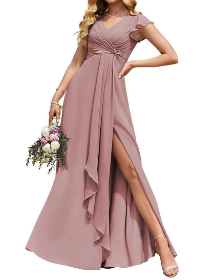 Women's V Neck Chiffon Bridesmaid Dresses Long with Slit Ruffled Sleeve Empire Waist Formal Dress with Pockets