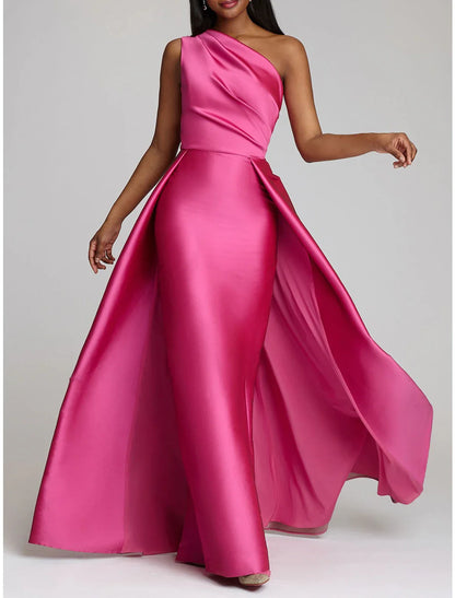 Sheath / Column Evening Gown Hot Pink Dress Wedding Guest Floor Length Sleeveless One Shoulder Satin with Overskirt Pure Color