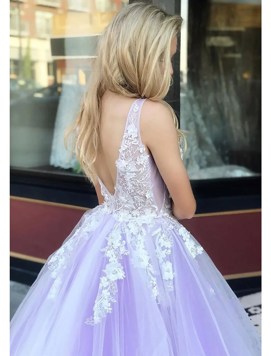 Ball Gown A-Line Prom Dresses Color Block Dress Formal Floor Length Sleeveless V Neck Tulle Backless V Back with Beading Appliques